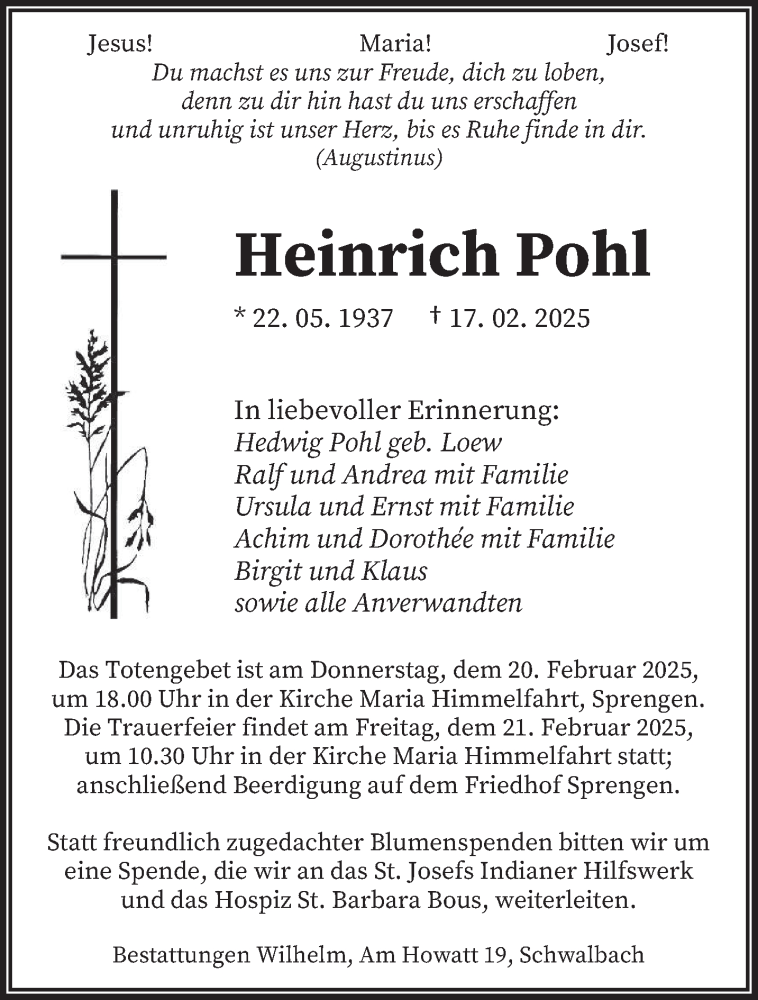  Traueranzeige für Heinrich Pohl vom 19.02.2025 aus saarbruecker_zeitung