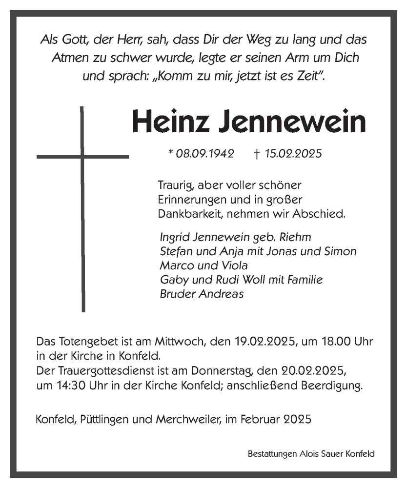  Traueranzeige für Heinz Jennewein vom 18.02.2025 aus saarbruecker_zeitung