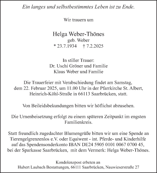 Traueranzeige von Helga Weber-Thönes von saarbruecker_zeitung