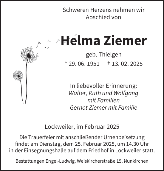 Traueranzeige von Helma Ziemer von saarbruecker_zeitung