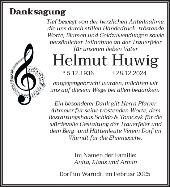 Traueranzeige von Helmut Huwig von saarbruecker_zeitung