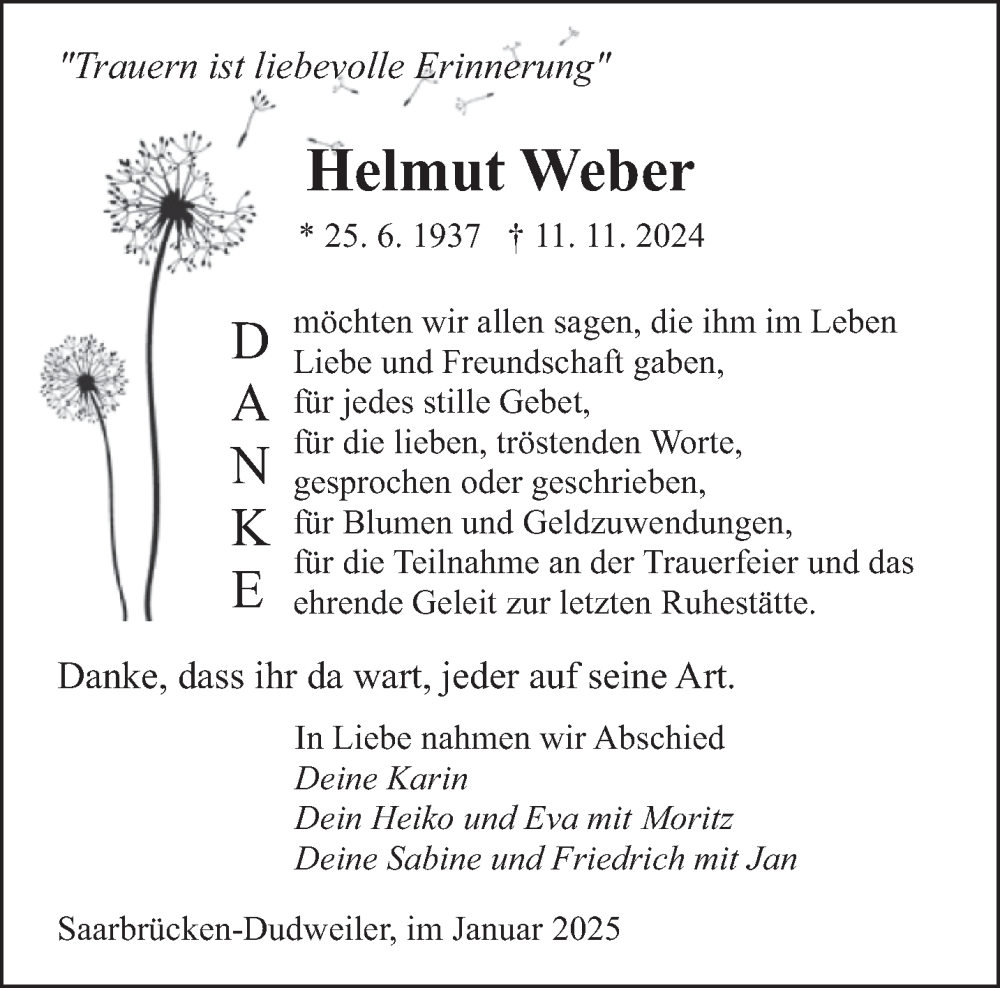  Traueranzeige für Helmut Weber vom 01.02.2025 aus saarbruecker_zeitung