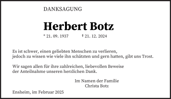 Traueranzeige von Herbert Botz von saarbruecker_zeitung