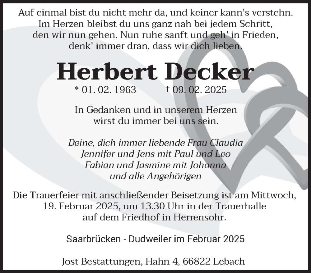  Traueranzeige für Herbert Decker vom 15.02.2025 aus saarbruecker_zeitung