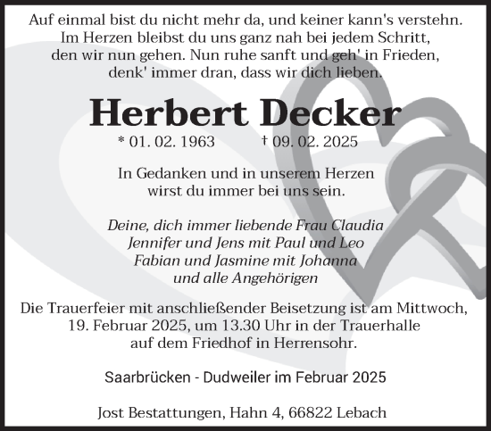 Traueranzeige von Herbert Decker von saarbruecker_zeitung