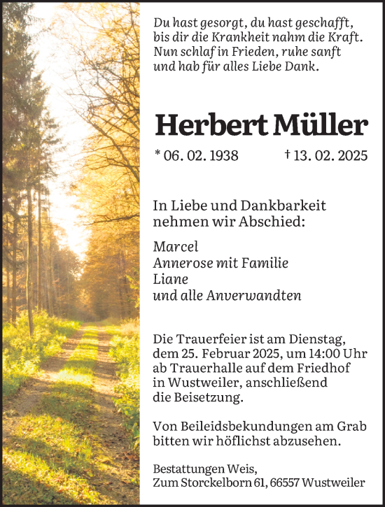 Traueranzeige von Herbert Müller von saarbruecker_zeitung
