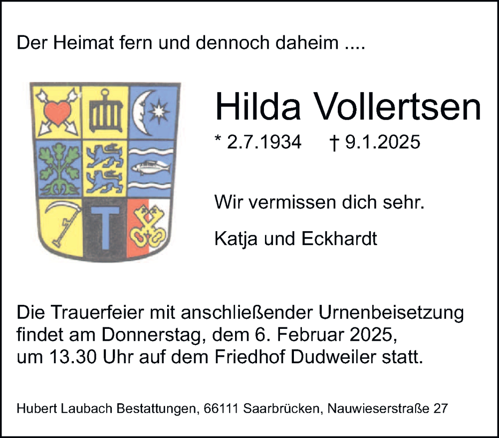  Traueranzeige für Hilda Vollertsen vom 01.02.2025 aus saarbruecker_zeitung