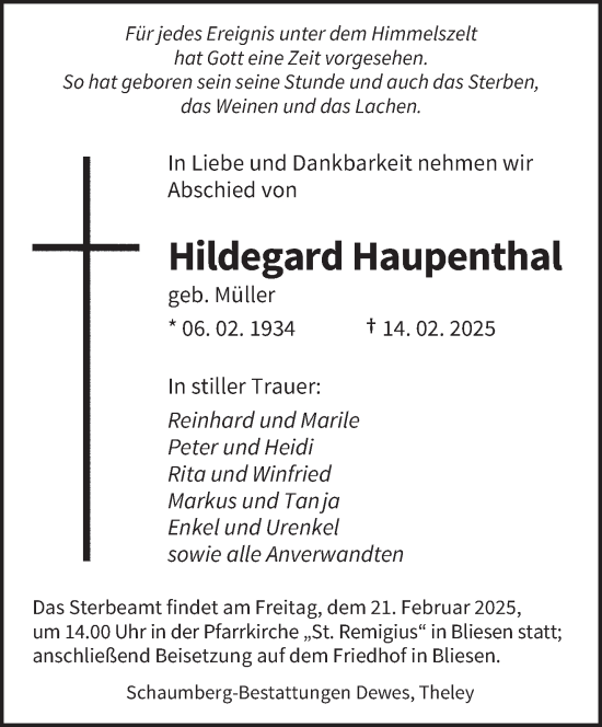 Traueranzeige von Hildegard Haupenthal von saarbruecker_zeitung