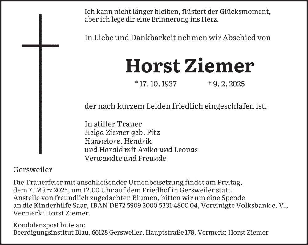  Traueranzeige für Horst Ziemer vom 22.02.2025 aus saarbruecker_zeitung