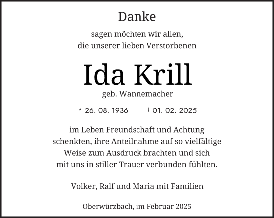 Traueranzeige von Ida Krill von saarbruecker_zeitung