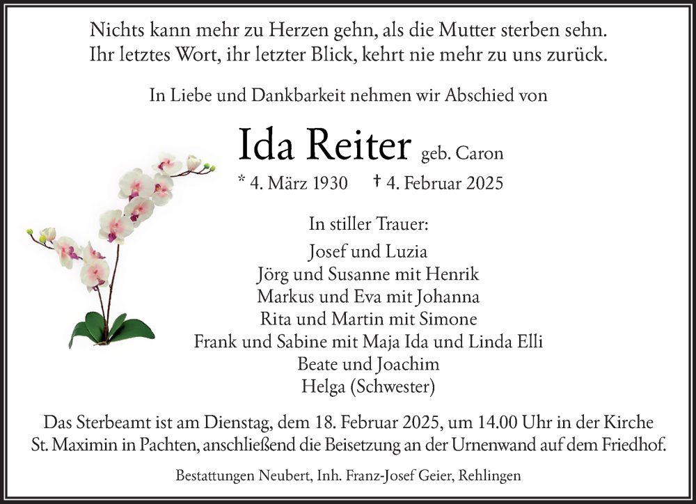  Traueranzeige für Ida Reiter vom 15.02.2025 aus saarbruecker_zeitung