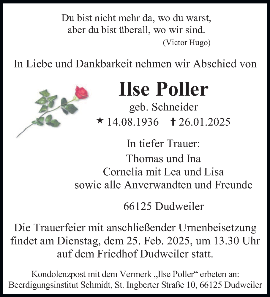  Traueranzeige für Ilse Poller vom 15.02.2025 aus saarbruecker_zeitung