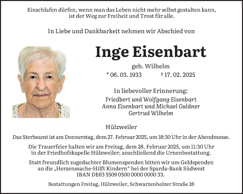  Traueranzeige für Inge Eisenbart vom 22.02.2025 aus saarbruecker_zeitung