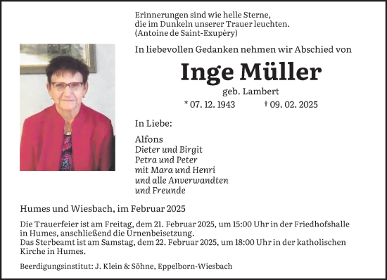 Traueranzeige von Inge Müller von saarbruecker_zeitung