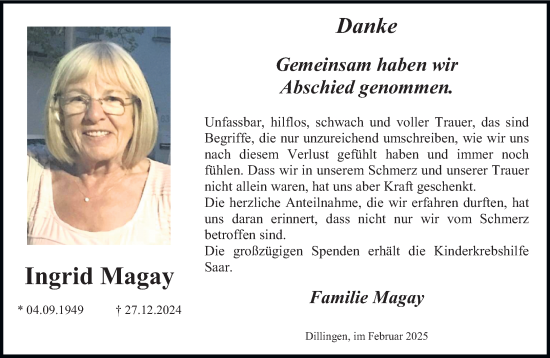 Traueranzeige von Ingrid Magay von saarbruecker_zeitung