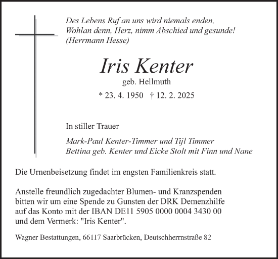 Traueranzeige von Iris Kenter von saarbruecker_zeitung