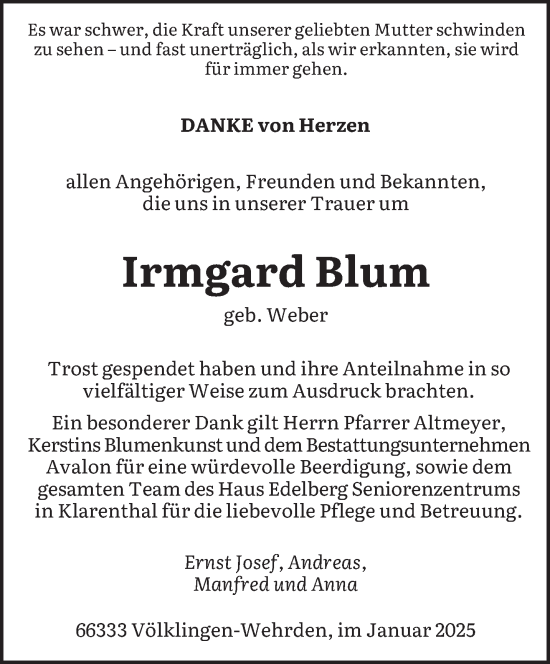 Traueranzeige von Irmgard Blum von saarbruecker_zeitung