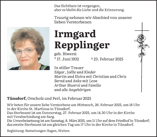 Traueranzeige von Irmgard Repplinger von saarbruecker_zeitung