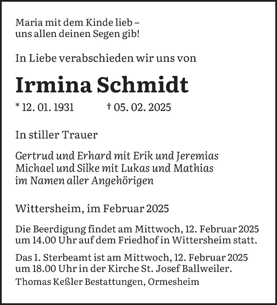  Traueranzeige für Irmina Schmidt vom 08.02.2025 aus saarbruecker_zeitung