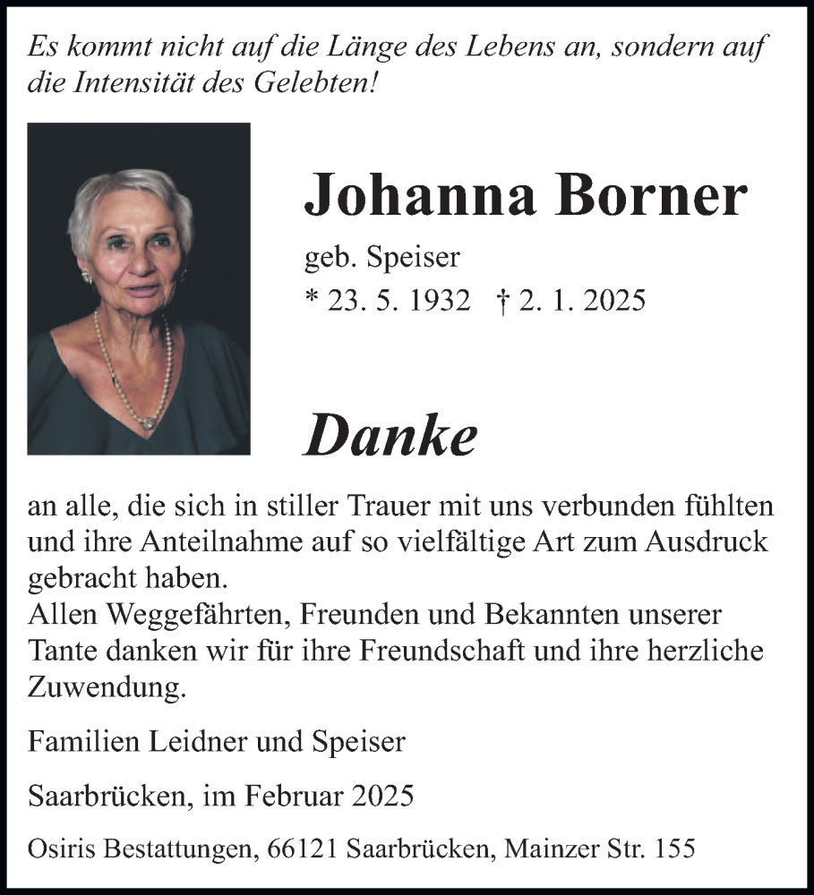  Traueranzeige für Johanna Borner vom 08.02.2025 aus saarbruecker_zeitung
