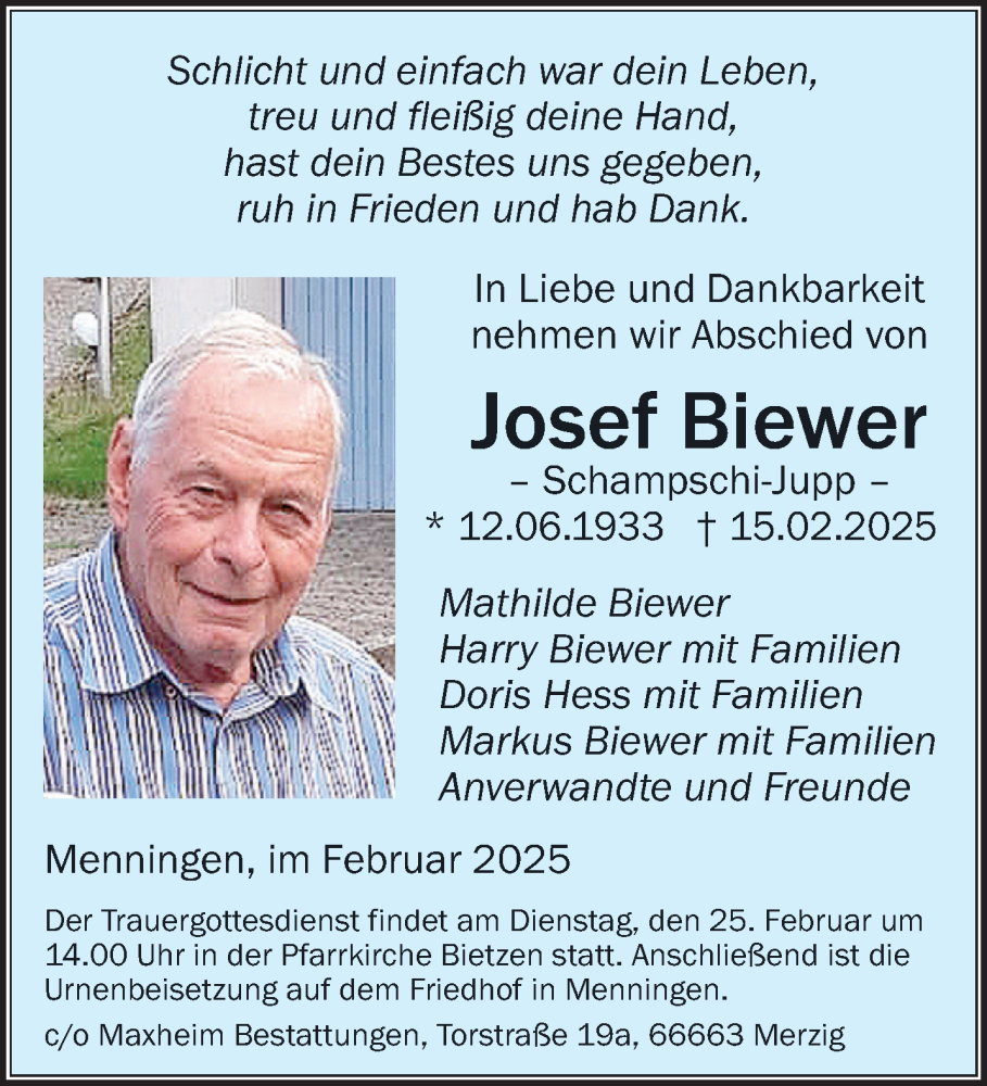  Traueranzeige für Josef Biewer vom 22.02.2025 aus saarbruecker_zeitung