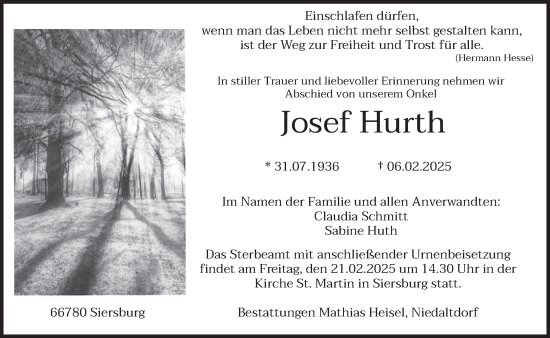 Traueranzeige von Josef Hurth von saarbruecker_zeitung