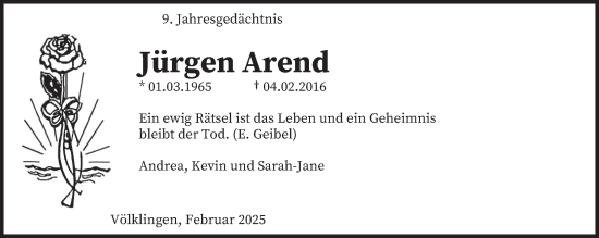 Traueranzeige von Jürgen Arend von saarbruecker_zeitung