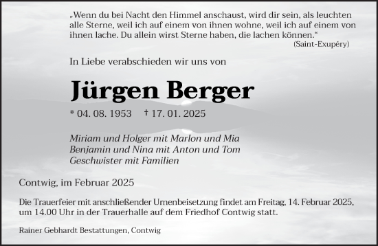 Traueranzeige von Jürgen Berger von saarbruecker_zeitung