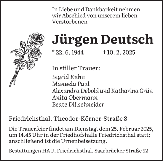 Traueranzeige von Jürgen Deutsch von saarbruecker_zeitung