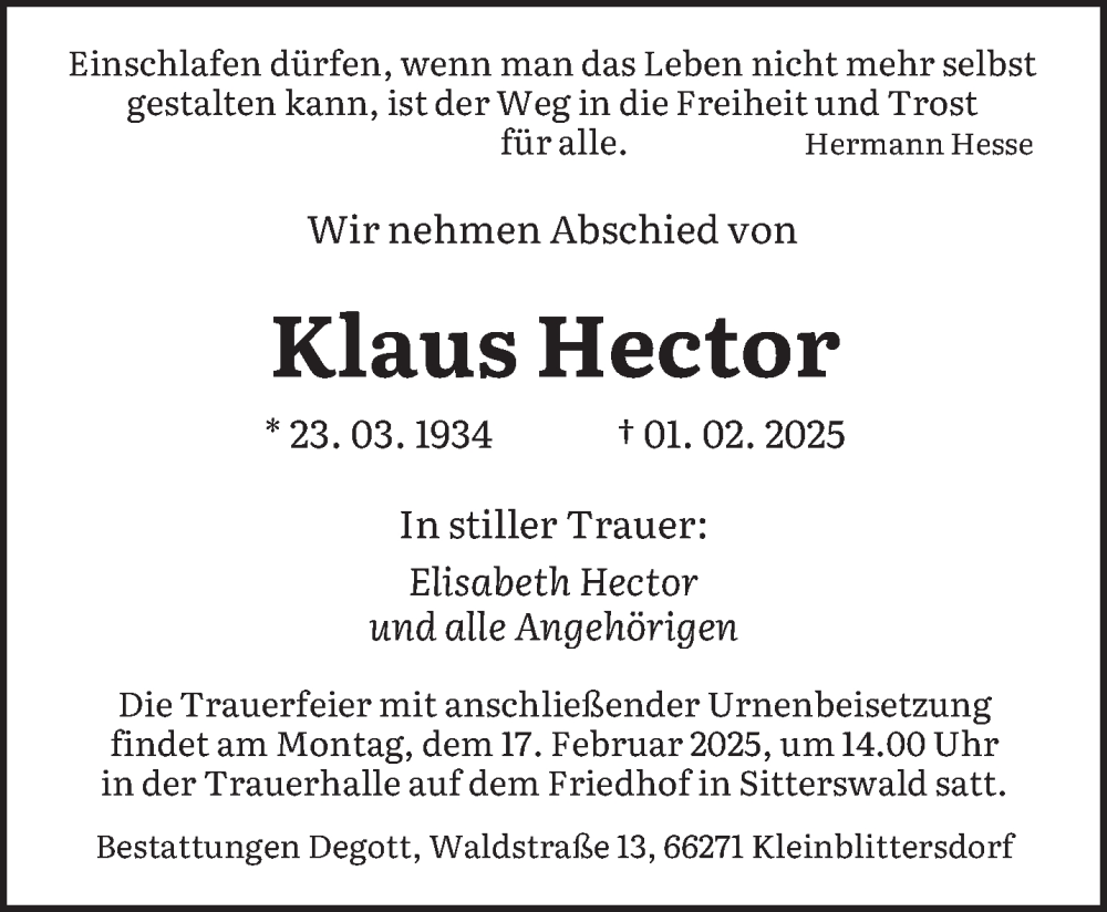  Traueranzeige für Klaus Hector vom 08.02.2025 aus saarbruecker_zeitung