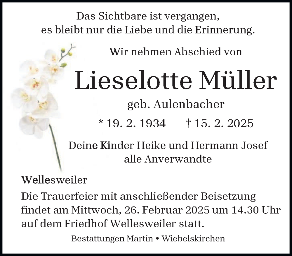  Traueranzeige für Lieselotte Müller vom 22.02.2025 aus saarbruecker_zeitung
