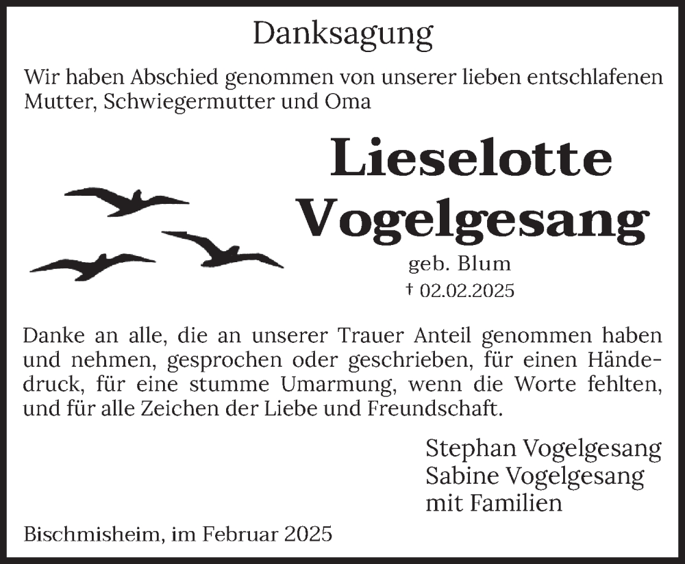  Traueranzeige für Lieselotte Vogelgesang vom 22.02.2025 aus saarbruecker_zeitung