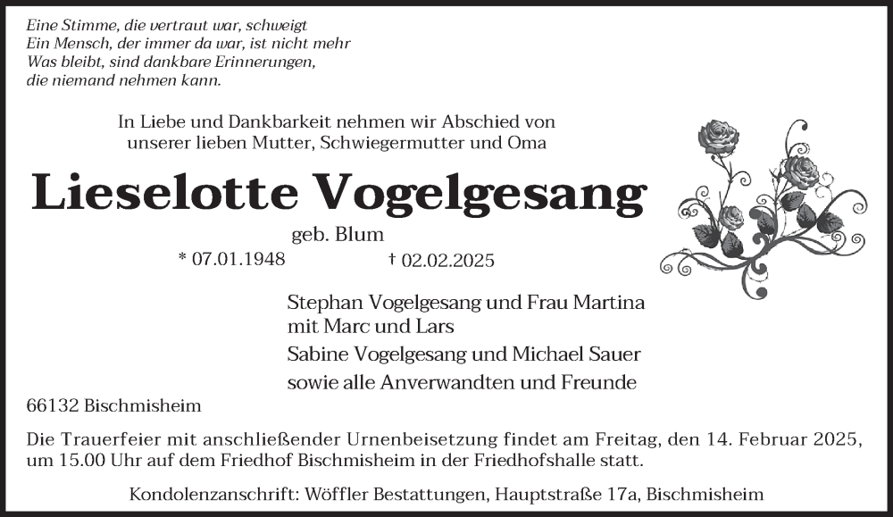  Traueranzeige für Lieselotte Vogelgesang vom 08.02.2025 aus saarbruecker_zeitung