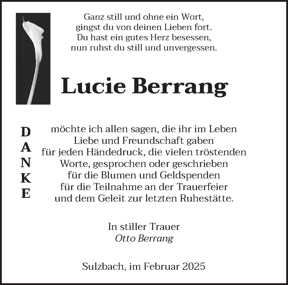  Traueranzeige für Lucie Berrang vom 15.02.2025 aus saarbruecker_zeitung