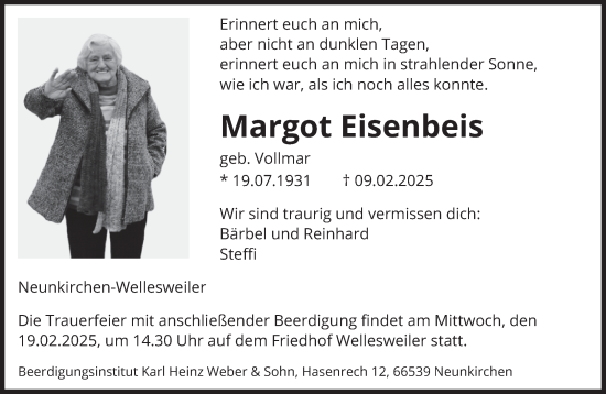 Traueranzeige von Margot Eisenbeis von saarbruecker_zeitung