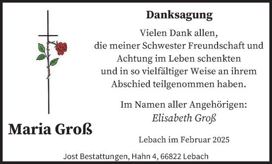 Traueranzeige von Maria Groß von saarbruecker_zeitung