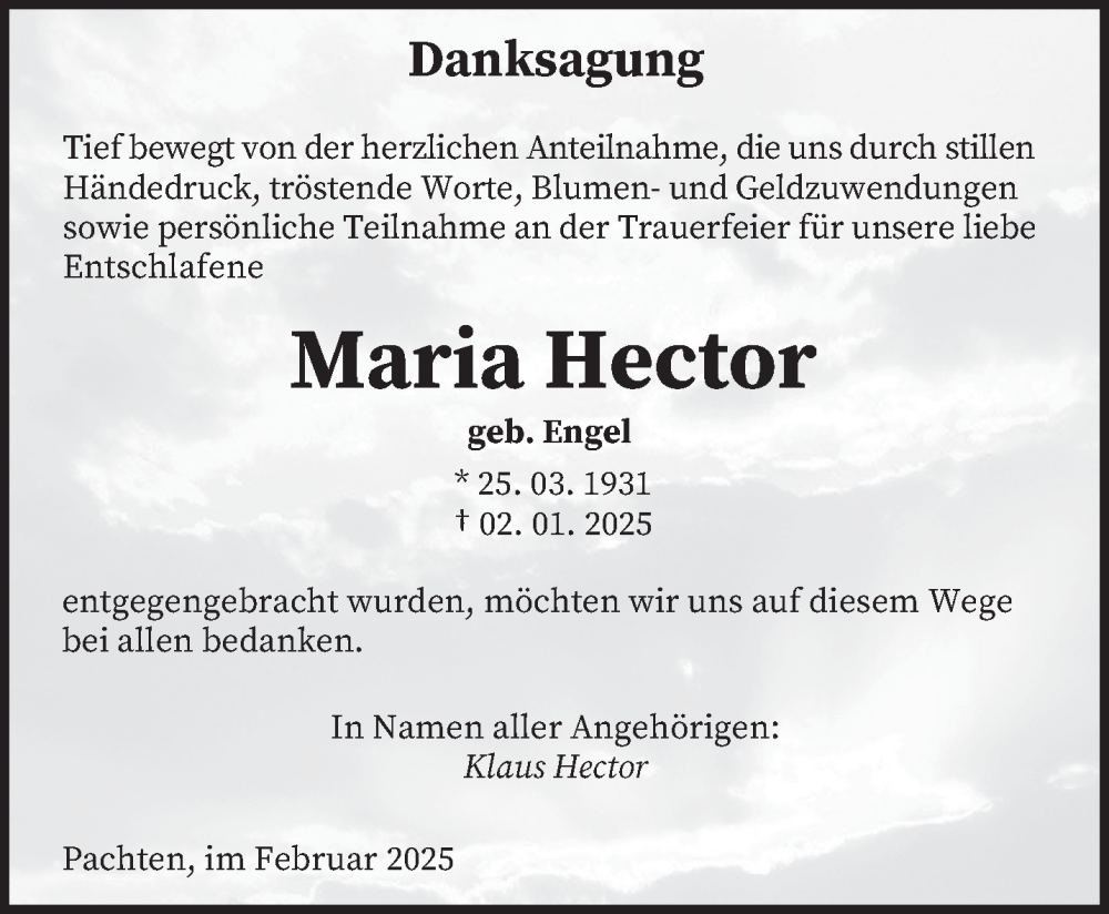  Traueranzeige für Maria Hector vom 08.02.2025 aus saarbruecker_zeitung