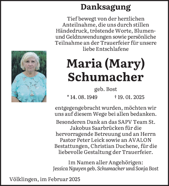 Traueranzeige von Maria Schumacher von saarbruecker_zeitung