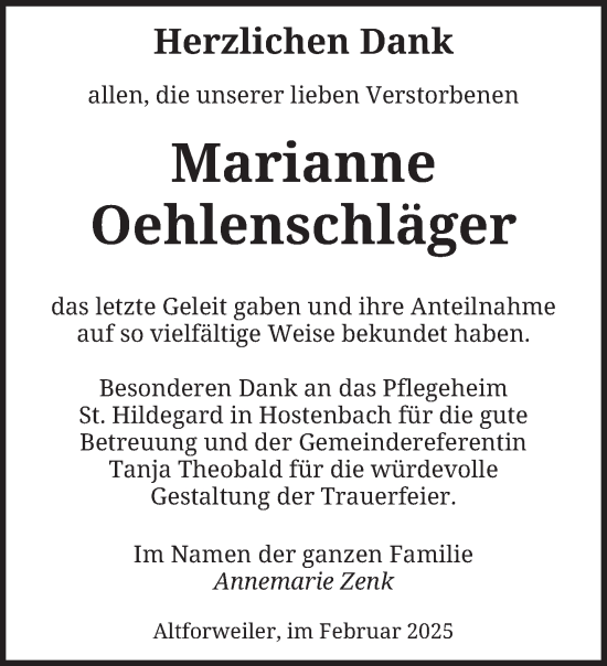 Traueranzeige von Marianne Oehlenschläger von saarbruecker_zeitung