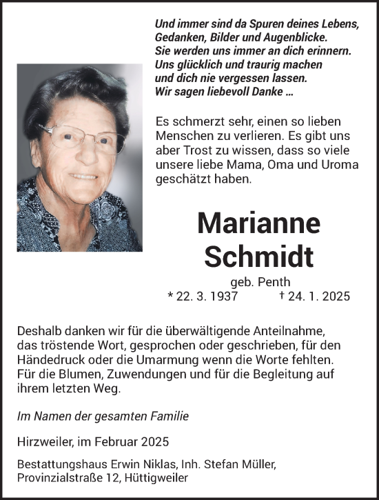 Traueranzeige von Marianne Schmidt von saarbruecker_zeitung