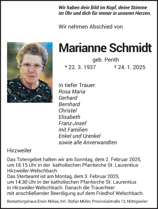 Traueranzeige von Marianne Schmidt von saarbruecker_zeitung