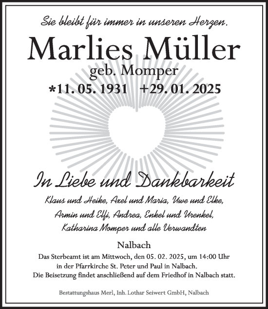 Traueranzeige von Marlies Müller von saarbruecker_zeitung