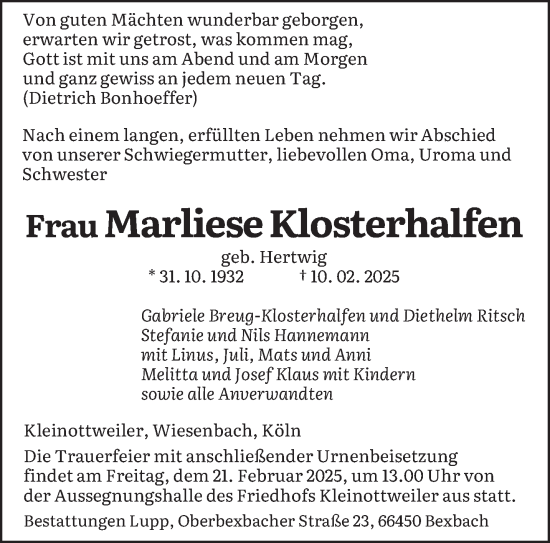 Traueranzeige von Marliese Klosterhalfen von saarbruecker_zeitung