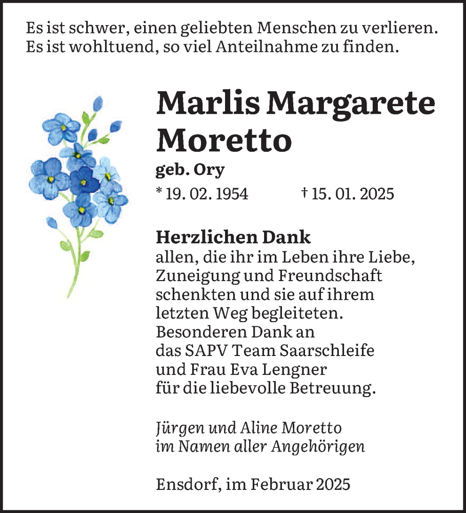 Traueranzeige für Marlis Margarete Moretto vom 22.02.2025 aus saarbruecker_zeitung