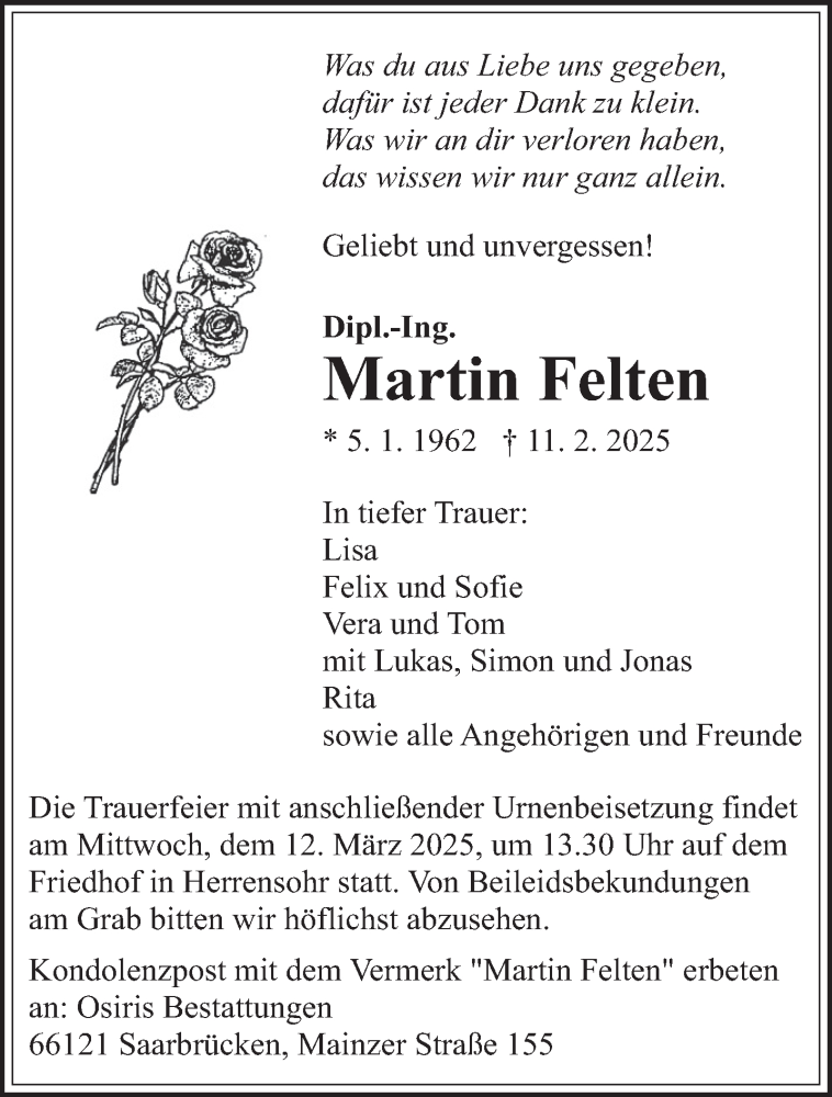  Traueranzeige für Martin Felten vom 22.02.2025 aus saarbruecker_zeitung