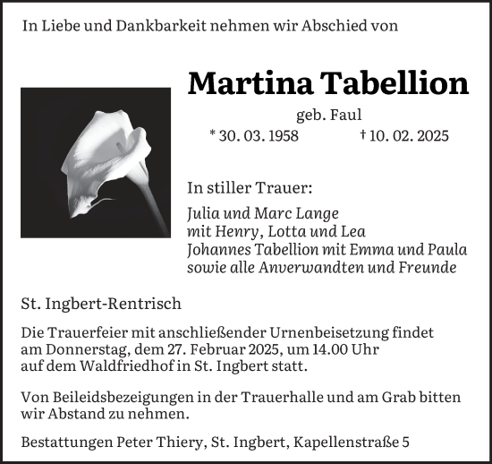 Traueranzeige von Martina Tabellion von saarbruecker_zeitung