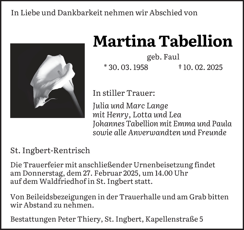  Traueranzeige für Martina Tabellion vom 15.02.2025 aus saarbruecker_zeitung