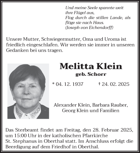 Traueranzeige von Melitta Klein von saarbruecker_zeitung