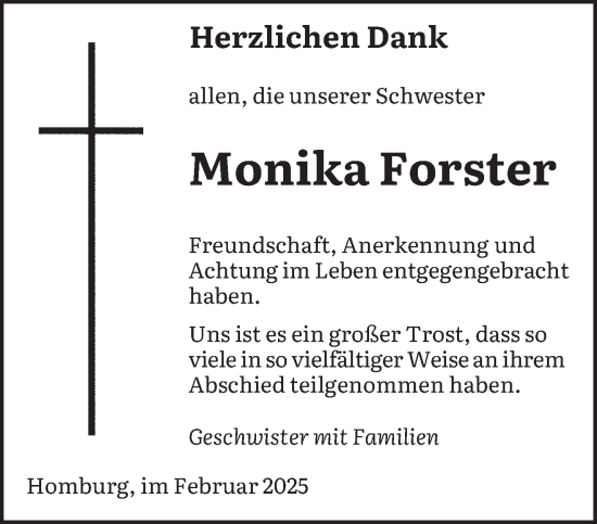 Traueranzeige von Monika Forster von saarbruecker_zeitung