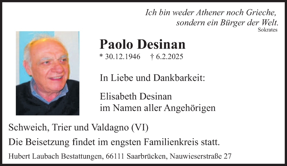  Traueranzeige für Paolo Desinan vom 15.02.2025 aus saarbruecker_zeitung